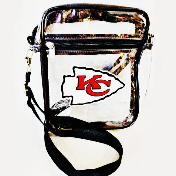 KC Chiefs Clear Zip Top Stadium Bag in Black with Adjustable Strap - Picture 1 of 2